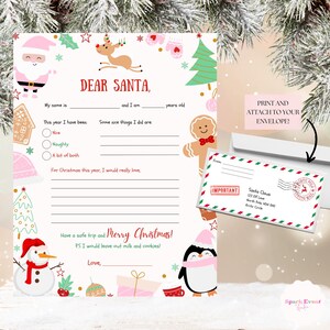 Carta a Papá Noel Plantilla imprimible Carta rosa a Papá Noel Papelería navideña Actividad navideña para niños Carta digital a Papá Noel Carta navideña