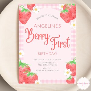 Berry First Birthday Invitation Editable Strawberry Birthday Girl Invite Printable 1st Birthday Party Invitation Template S2