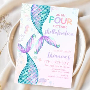 Invito di compleanno a tema sirena modificabile Festa di compleanno a tema sirena Festa di compleanno a tema sottomarino Un four-gettable Shellabration Festa di quarto compleanno M9