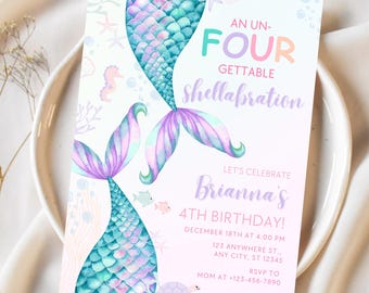 Editable Mermaid Birthday Invitation Mermaid Party Under the Sea Birthday Un four-gettable Shellabration Fourth Birthday Party M9