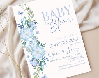 Bearbeitbare Baby in Bloom Einladung Blau Blumen-Babyparty-Einladung mit Schmetterlingen Baby Boy Shower Digital Template Instant Download