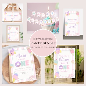 Sweet One Birthday Bundle Donut Birthday Pastel 1st Birthday Ice Cream Cupcake First Birthday Girl Birthday Party Digital Invite Pack BP545