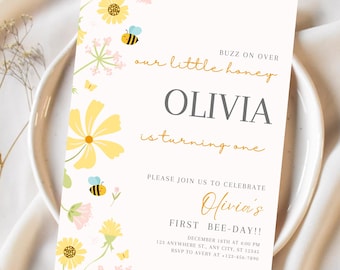 Bee Birthday Invitation Little Honey is Turning One Sweet to Bee One Invite Bee Day First Birthday Invite Bumble Bee Theme Editable Template