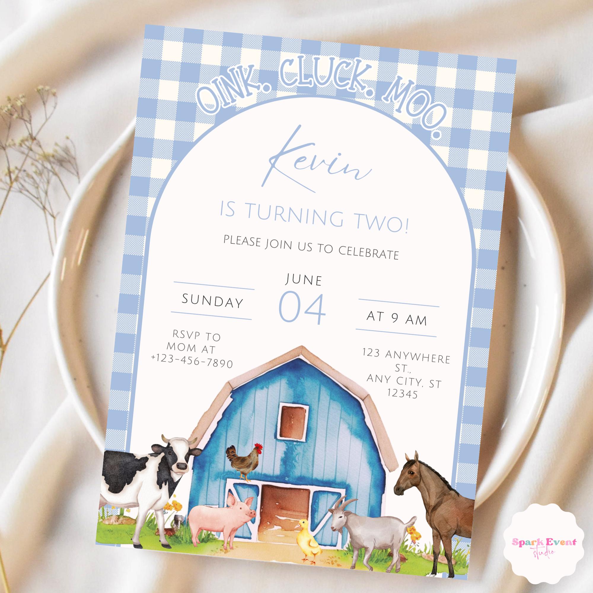 Editable Blue Farm Birthday Invitation Boy Farm Animals Party Blue ...