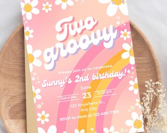 Dos fantásticas invitaciones para fiestas de cumpleaños, estilo bohemio, retro, hippie, geniales, para el segundo cumpleaños, editables