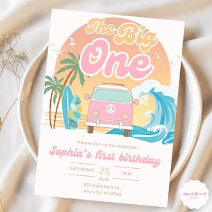 The Big One Birthday Invitation Pink Surfing Party for Girls Retro Surfboard Beach Theme Editable Invite for 1st Birthday Instant Download