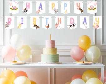 Editable Farm Happy Birthday Banner Girl Farm Calling All Party Animals Pink Barnyard Birthday Printable Bunting Banner Farm Theme