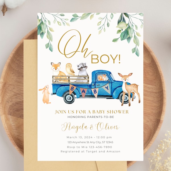 Baby Shower Blue Truck Boy Woodland Animals Shower Invitation Greenery Invitation Bear Invite Instant Download Editable