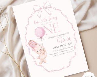 Some Bunny is ONE Birthday Invitation Easter Bunny Birthday Invite Spring Birthday Editable Baby Girl First Birthday Invitation Template