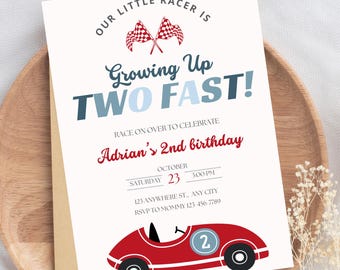 TWO Fast Birthday Invitation Race Car Second Birthday Invite Vintage Race Car Growing Up Two Fast 2nd Birthday Editable Instant Download