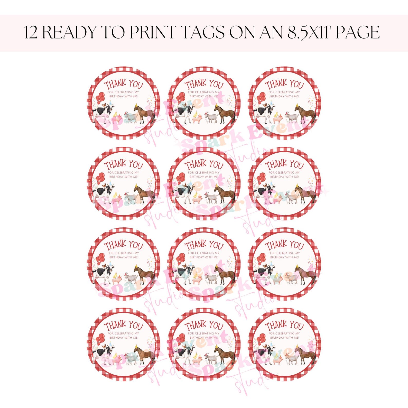 Editable Red Farm Birthday Thank You Tags Boy Girl Farm Animals Party ...
