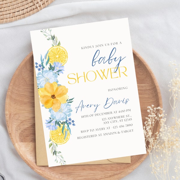 Citrus Baby Shower Invitation Blue Lemon Baby Brunch Bright Floral Citrus Baby Shower Invite Mediterranean Lemon Theme Yellow Baby Shower