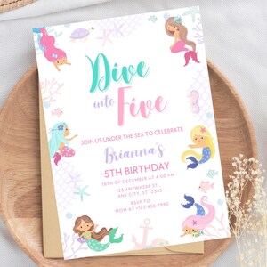 Editable Dive into Five Mermaid Birthday Invitation Mermaid Invite Under the Sea Birthday Party Fifth Birthday Party Little Mermaid M25