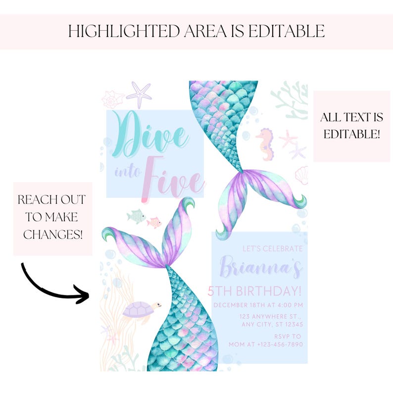 May include: A printable invitation for a 5th birthday party with a mermaid theme. The invitation features a blue and purple mermaid tail with the text "Dive into Five" and the words "Let's Celebrate Brianna's 5th Birthday!"  The invitation also includes the date, time, and RSVP information.