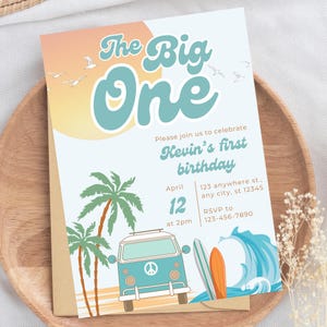 The Big One Birthday Surfing Party 1st Birthday Invitation Retro Boy or Girl Surf Van Surfboard Beach Party Editable Invite Instant Download
