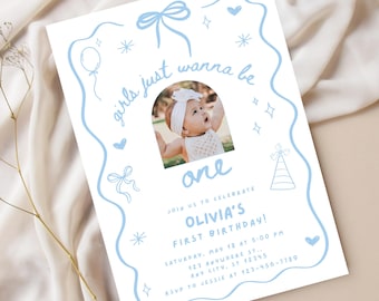 Girls Just Wanna Be One Blue Birthday Invitation 1st Birthday Invite Photo Birthday Bow Theme Retro Doodle Invite