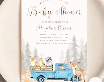 May include: A baby shower invitation with a watercolor illustration of a blue pickup truck with woodland animals. The text reads "Please join us for a Baby Shower Honoring Parents-to-be Angela & Oliver March 13, 2024 - 12:00 pm 123 Anywhere St Any City, ST 12345 Rsvp to Mia 123-456-7890 Registered at Target and Amazon".