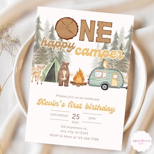 One Happy Camper Invitation First Birthday Camping Party Forest Theme Woodland Animal Birthday Invite Outdoor Adventure Digital Download