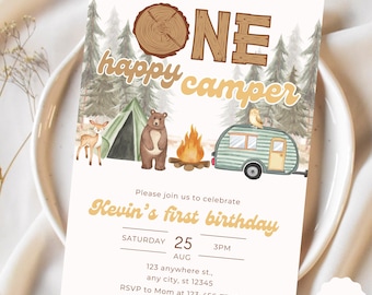 One Happy Camper Invitation First Birthday Camping Party Forest Theme Woodland Animal Birthday Invite Outdoor Adventure Digital Download