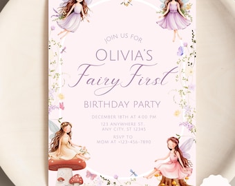 Fairy First Birthday Invitation Enchanted Garden 1st Birthday Invite Whimsical Fairy Party Girl Birthday Template Editable Download F1