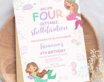 Meerjungfrau-Geburtstags-Party-Einladung Meerjungfrau-Party unter dem Meer Geburtstag Un-vier-getable Shellebration Vierte Geburtstagsfeier Bearbeitbar M22