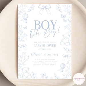Op de afbeelding: Blauwe en witte baby shower uitnodiging met een bloemenontwerp. De uitnodiging zegt "BOY Oh Boy!" en bevat de tekst "Kom gezellig met ons mee naar een baby shower ter ere van Olivia & James".
