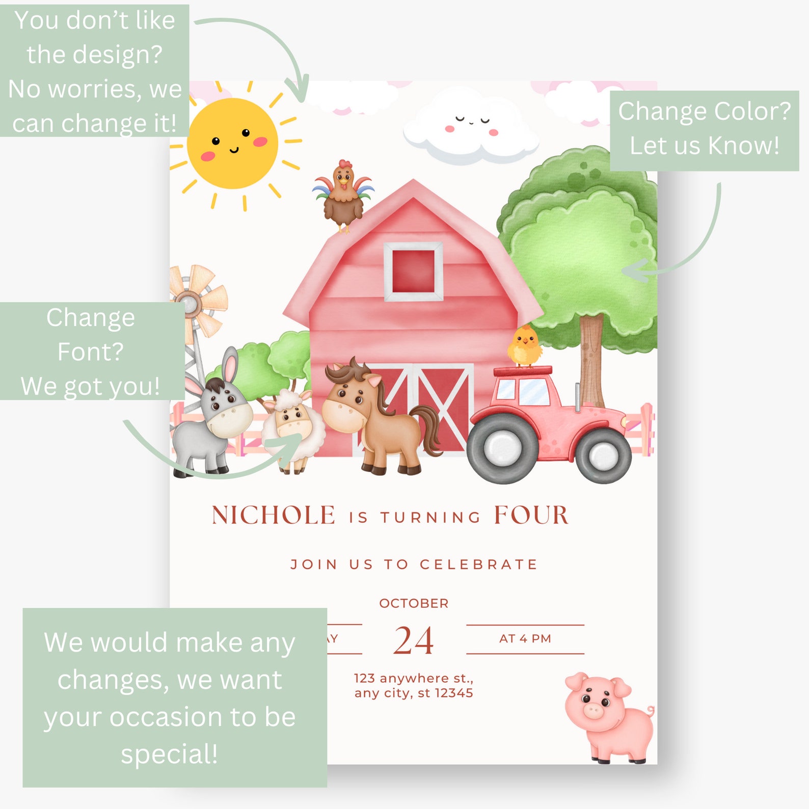 Farm Birthday Party Invitation Farm Animals Birthday Invite Pink Barn ...