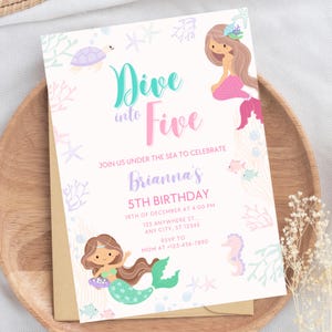 Editable Dive into Five Mermaid Birthday Invitation Mermaid Invite Under the Sea Birthday Party Fifth Birthday Party Little Mermaid M21