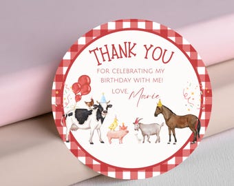 Editable Red Farm Birthday Thank You Tags Boy Girl Farm Animals Party Pink Barnyard Birthday Party Favor Gift Tag Farm Stickers FA4