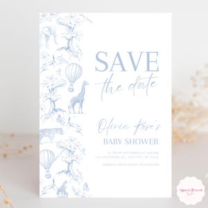 Toile de Jouy Baby Shower Save The Date Dusty Blue Safari Theme Floral Baby Shower Save The Date Card Editable Baby Shower Printable