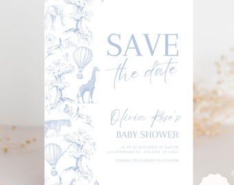 Toile de Jouy Baby Shower Save The Date Dusty Blue Safari Theme Floral Baby Shower Save The Date Card Editable Baby Shower Printable
