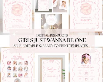 Girls Just Wanna Be One Birthday Bundle Pink First Birthday Party Package Girl Bow Invitation Welcome Sign Milestone Stats Photo Banner