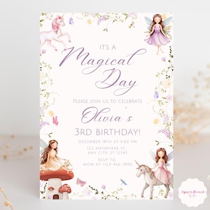 Editable Enchanted Unicorn Fairy Birthday Invitation Magical Garden Forest Theme Floral Fairy Animals Birthday Invite Instant Download