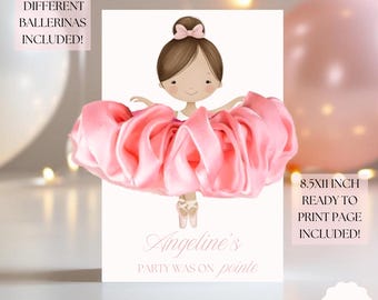 Może przedstawiać: Drukowana karta zaproszenia na przyjęcie w formacie 21,6 x 27,9 cm z różową baletnicą i tekstem "Angeline's Party Was On Pointe". Zaproszenie zawiera 4 różne wzory baletnic.