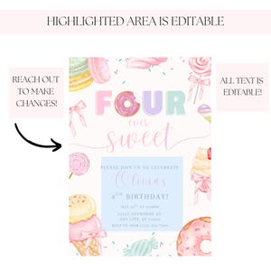 Op de afbeelding: Een pastelkleurige verjaardagsuitnodiging met de tekst "FOUR ever sweet". Het ontwerp bevat illustraties van donuts, ijsjes, lolly's en snoepjes. De uitnodiging is voor Olivia's 4e verjaardag.
