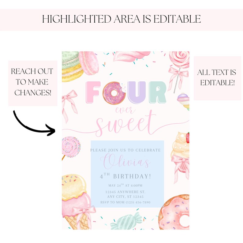 Op de afbeelding: Een pastelkleurige verjaardagsuitnodiging met de tekst "FOUR ever sweet". Het ontwerp bevat illustraties van donuts, ijsjes, lolly's en snoepjes. De uitnodiging is voor Olivia's 4e verjaardag.
