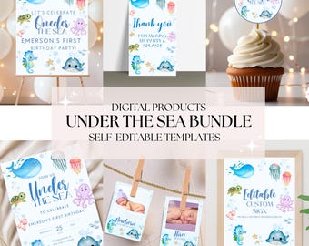 Under the Sea Invitation Bundle Oneder the Sea Birthday Package Cupcake Toppers Party Favors Printable Instant Download Editable BP525