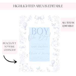 Op de afbeelding: Een blauwe en witte babyborrel uitnodiging met een bloemige rand en illustraties van vlinders, teddyberen, luchtballonnen en strikken. De tekst luidt "BOY Oh Boy!" en "Kom gezellig met ons mee naar een babyborrel ter ere van Olivia & James".