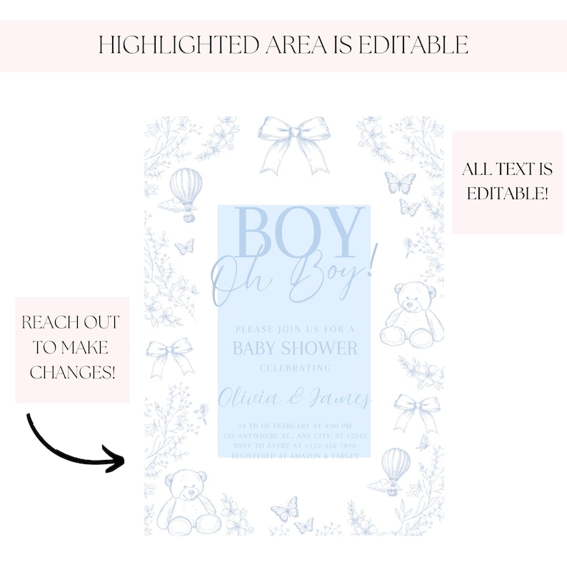 Op de afbeelding: Een blauwe en witte babyborrel uitnodiging met een bloemige rand en illustraties van vlinders, teddyberen, luchtballonnen en strikken. De tekst luidt "BOY Oh Boy!" en "Kom gezellig met ons mee naar een babyborrel ter ere van Olivia & James".