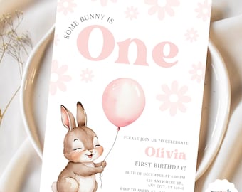 Bunny Birthday Invitation Some Bunny Birthday Invite Spring Birthday Pink Floral Spring Rabbit Birthday Invitation Editable Easter Birthday