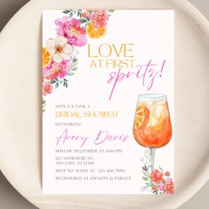 Love at First Spritz Bridal Shower Invitation Cocktail Theme Bridal Brunch Invite Citrus Bright Orange Floral Aperol Spritz Editable Invite