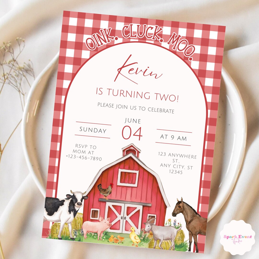 Editable Red Farm Birthday Invitation Boy Farm Animals Party Red ...