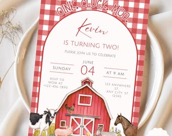 May include: Red and white gingham patterned invitation with a red barn and farm animals. The text reads "Oink. Cluck. Moo. Kevin is turning two! Please join us to celebrate. Sunday June 04 at 9 am. 123 Anywhere St. Any City, ST 12345. RSVP to Mom at +123-456-7890."