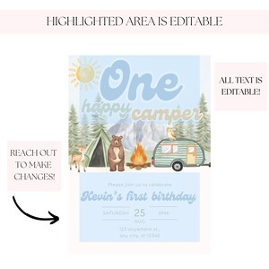 May include: A blue and white invitation with a cartoon illustration of a bear, a campfire, and a camper van. The text reads "One happy camper" and "Kevin's first birthday". The invitation includes the date, time, and location of the event.