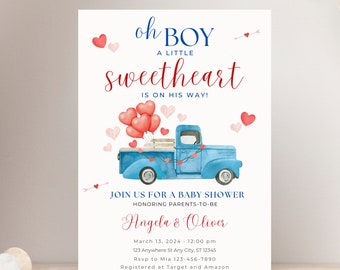 Bewerkbare Valentijn babyshower uitnodiging Oh Boy blauwe vrachtwagen Valentijn babyshower uitnodiging sjabloon Instant Download BP543