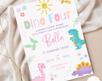 Dinosaur Birthday Party Invitation Dinosaur Dino Four Birthday Digital Invite Printable Template Instant Download Editable BP526