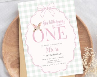 Somebunny is ONE Birthday Invitation Easter Bunny Birthday Invite Spring Birthday Editable Baby Girl First Birthday Invitation Template