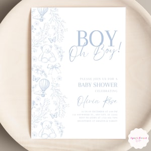 Toile de Jouy Baby Shower Invitation Blue Teddy bear Theme Floral Baby Shower Invite for Boy Hot Air Balloon Editable Baby Shower Invitate