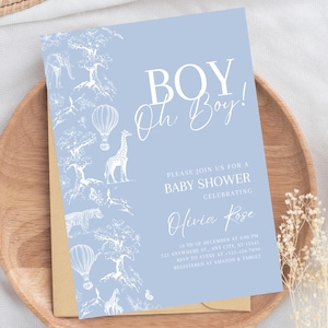Toile de Jouy Baby Shower Invitation Dusty Blue Baby Shower Invite Safari Baby Shower Floral Baby Shower Boy Oh Boy Baby Shower Editable