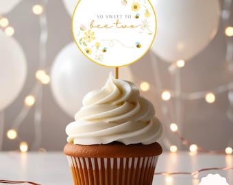 Bee Birthday Cupcake Toppers Editable Canva Template Bumble Bee Party Decor Printable Cupcake Tags Bee Day Decorations Honey Bee Theme